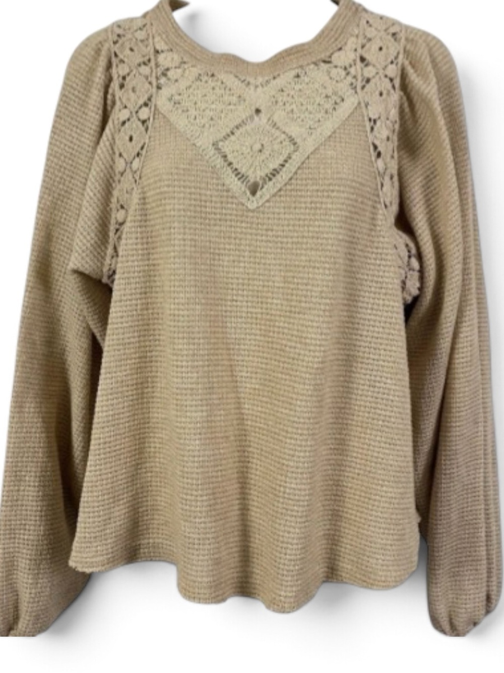 gimmicks by BKE Large Beige Crochet Yoke Waffle Knit Top